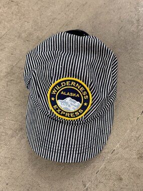 Vintage Wilderness Express Alaska Train Conductor Hat Hickory Stripe Cap